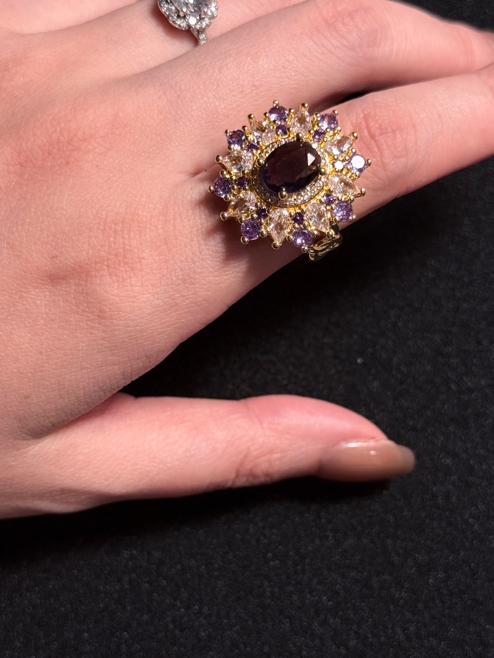 Vintage Style Amethyst Purple Crystal Halo Statement Ring - Adjustable
